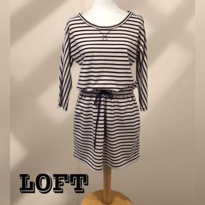 Ann Taylor LOFT Drawstring Cotton Dress, Pockets, Black & Tan Stripe, Size Small